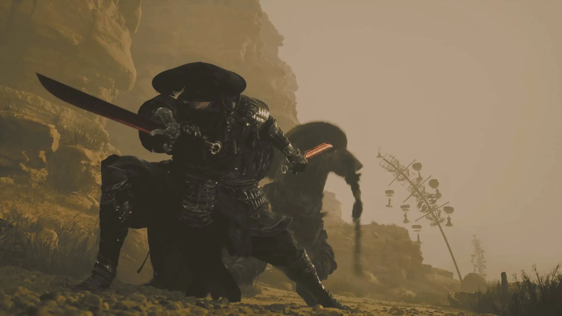 Soul crouched with blades drawn, facing forward in a desert — official in-game screenshot