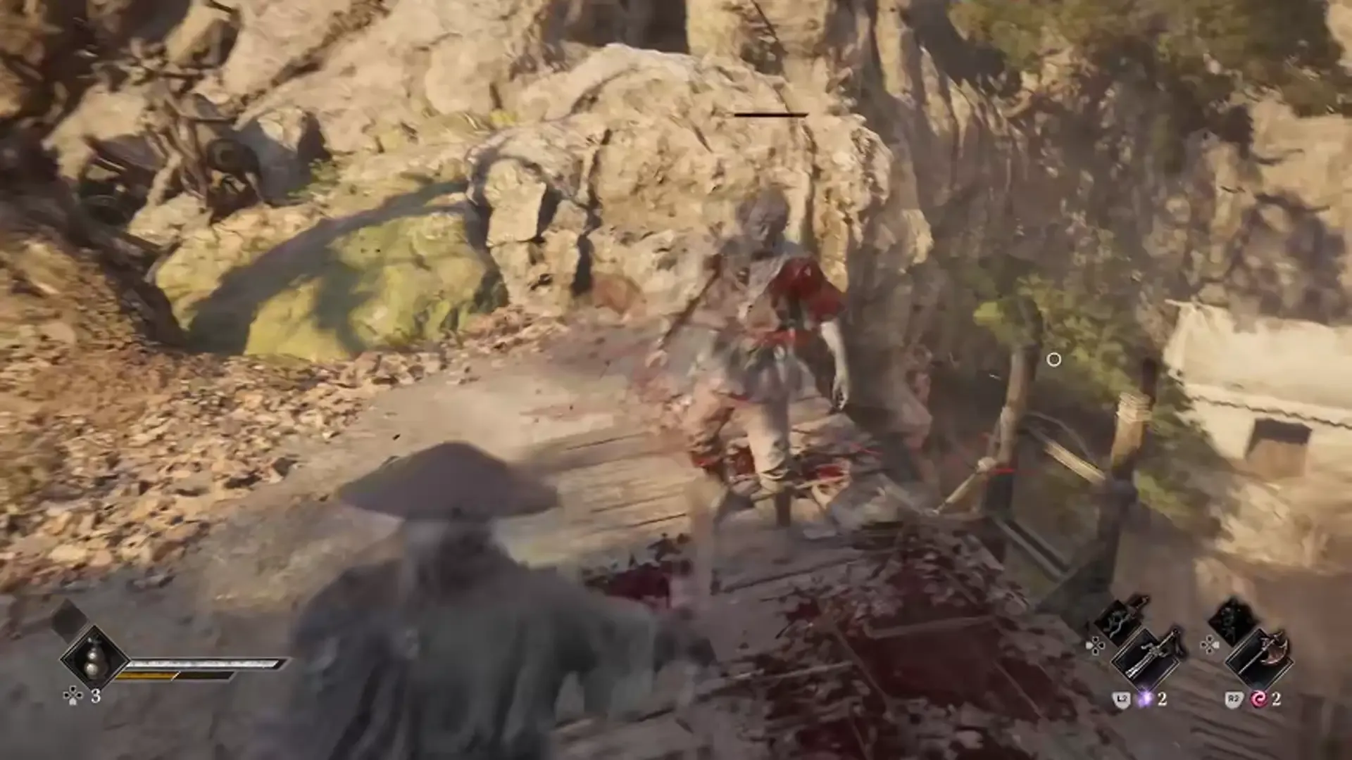 Soul faces a pale bladed enemy in a rocky canyon.